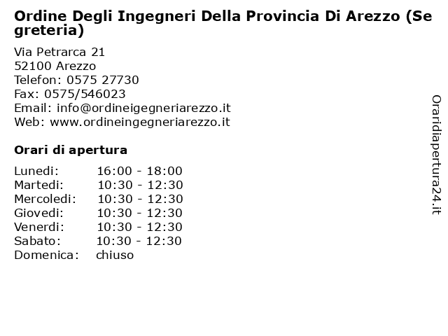 Orari di apertura Ordine Degli Ingegneri Della Provincia Di